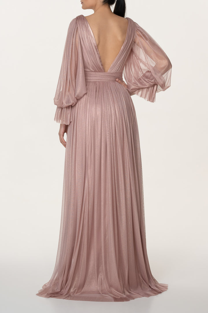 Kaira Silk Tulle Long Dress In Rose-Gold