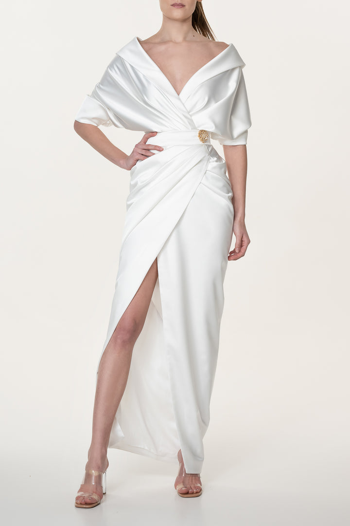 Angelina Ivory Satin Long Dress