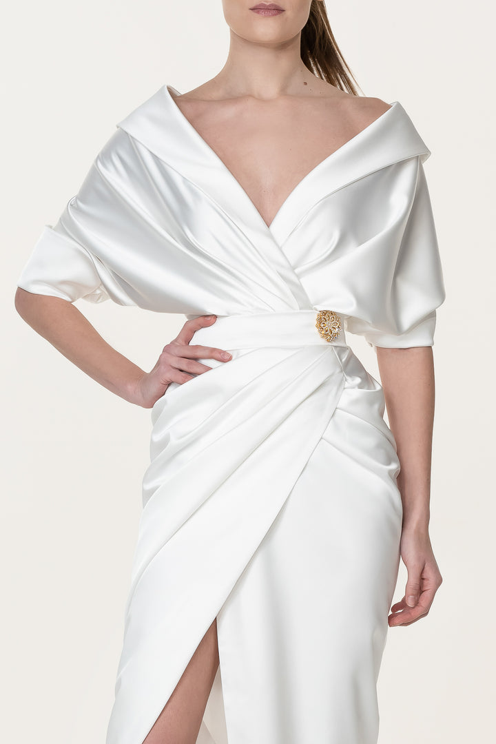 Angelina Ivory Satin Long Dress