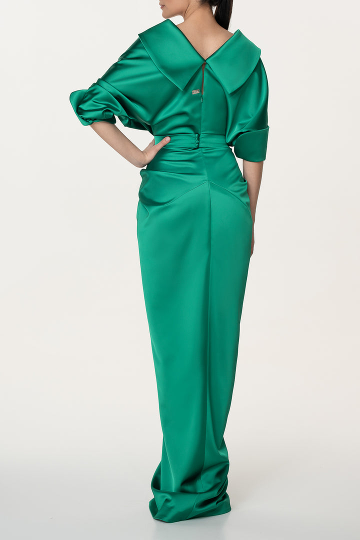 Angelina Satin Long Dress In Emerald