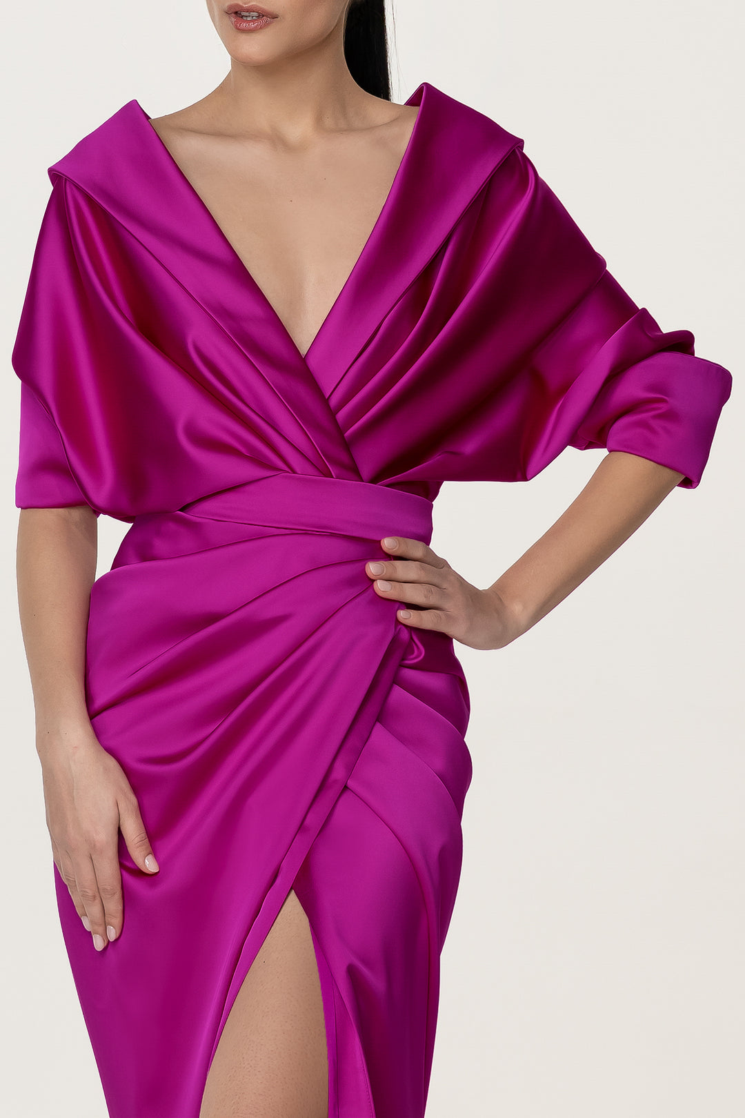 Angelina Satin Long Dress In Hot-Pink