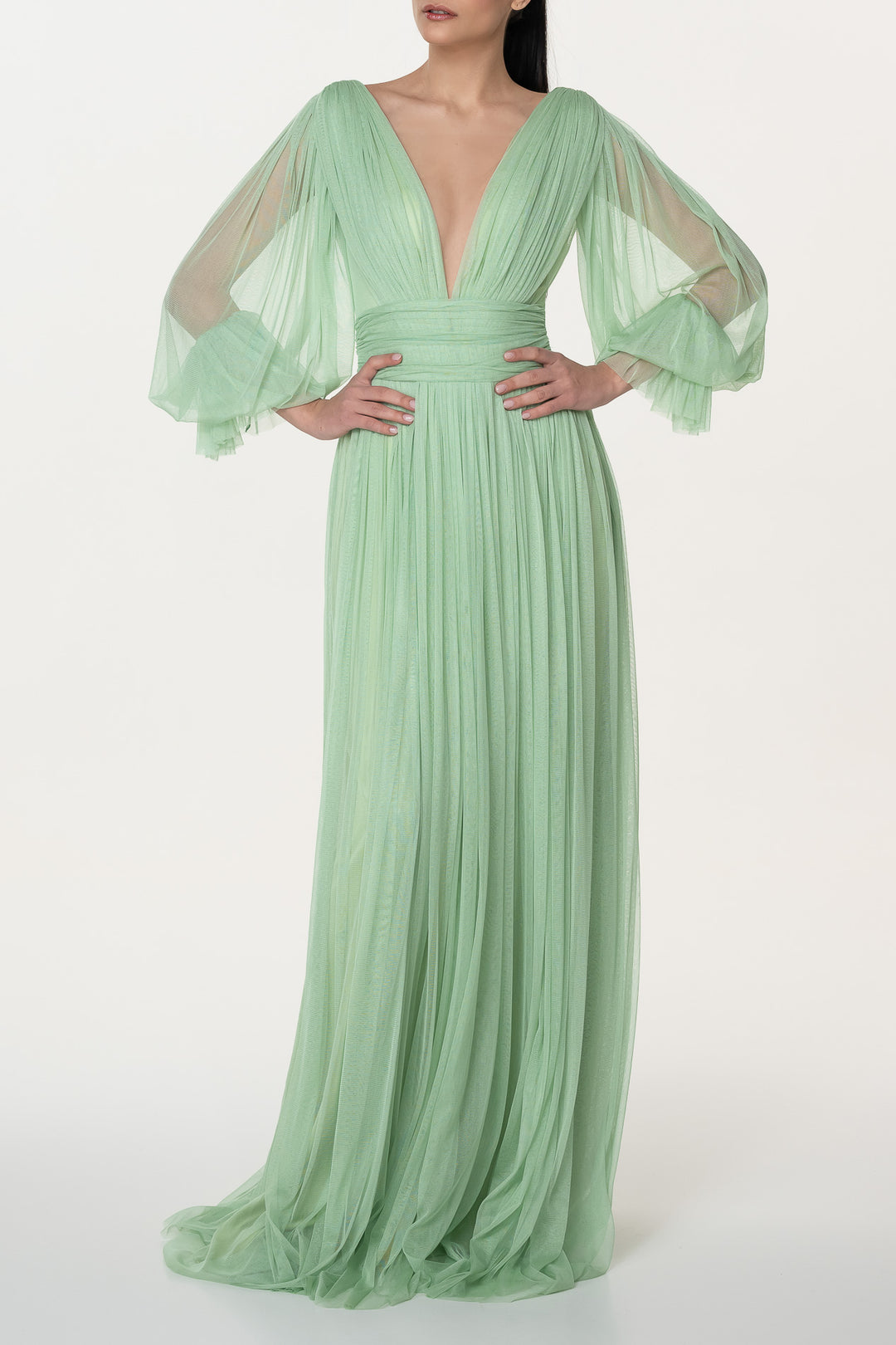 Kaira Silk Tulle Long Dress In Pistachio