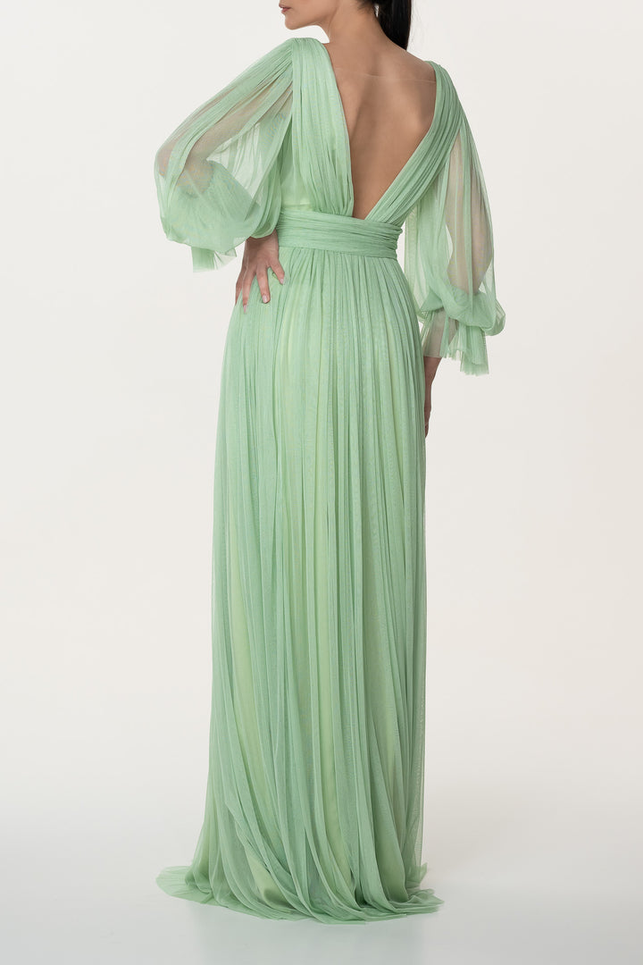 Kaira Silk Tulle Long Dress In Pistachio