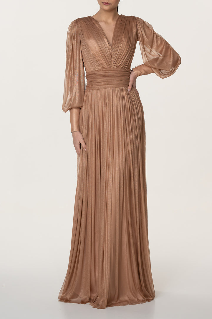 Kaya Silk Tulle Long Dress In Bronze