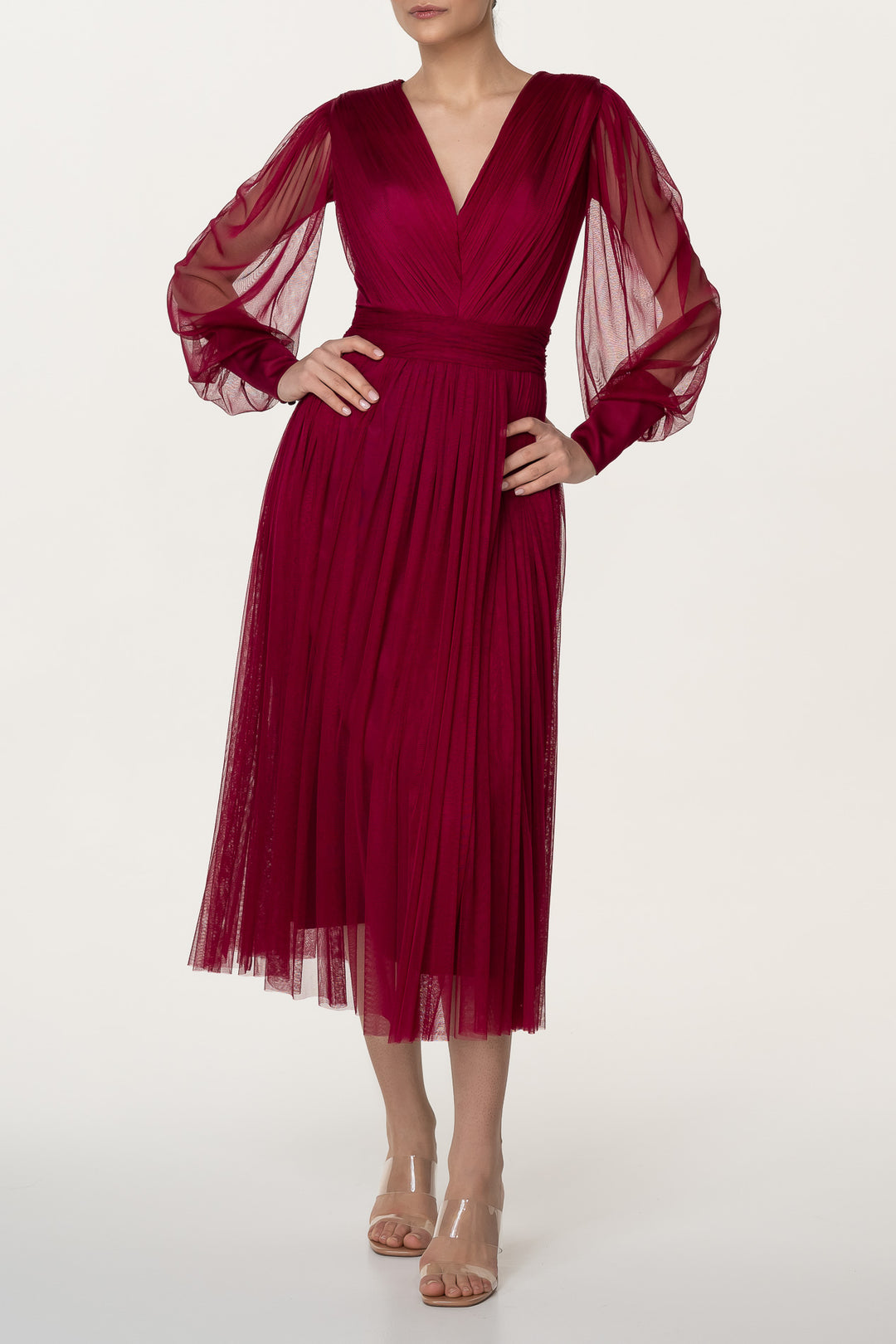 Kaya Silk Tulle Midi Dress In Burgundy