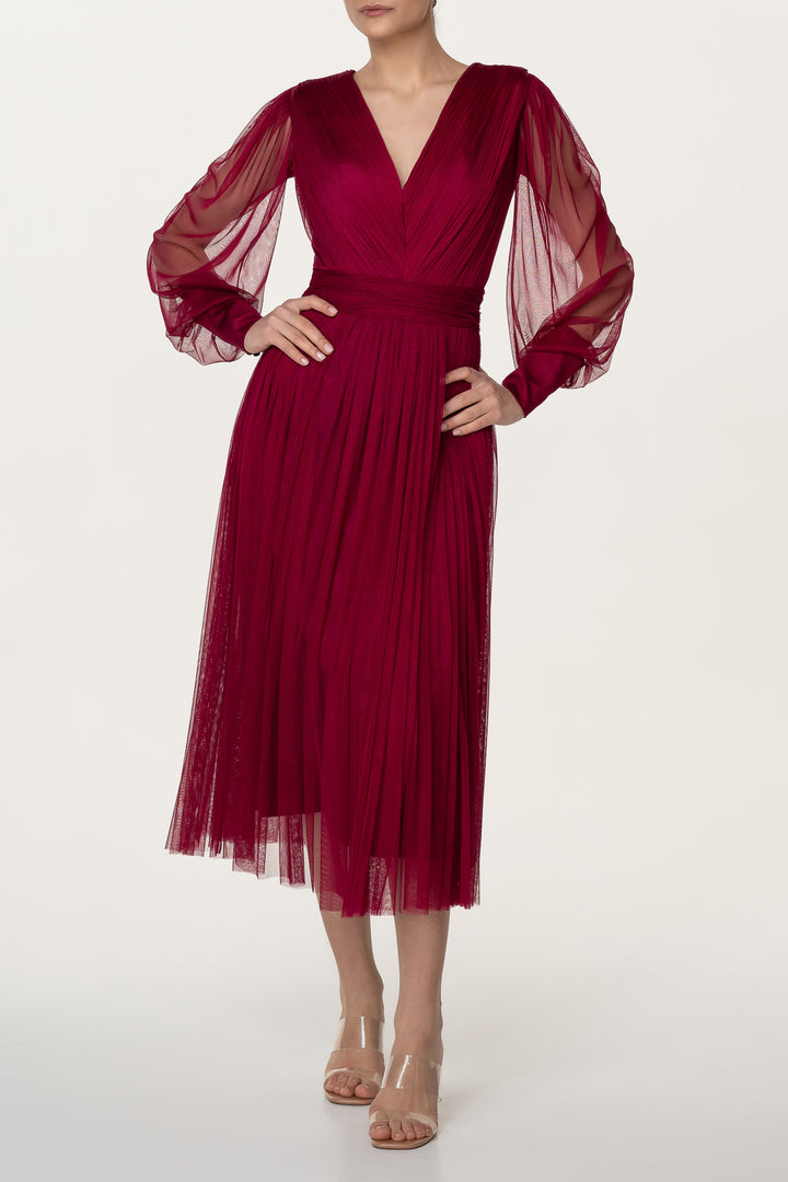 Kaya Silk Tulle Midi Dress In Burgundy