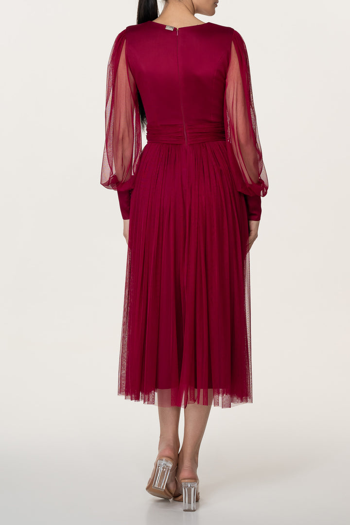 Kaya Silk Tulle Midi Dress In Burgundy