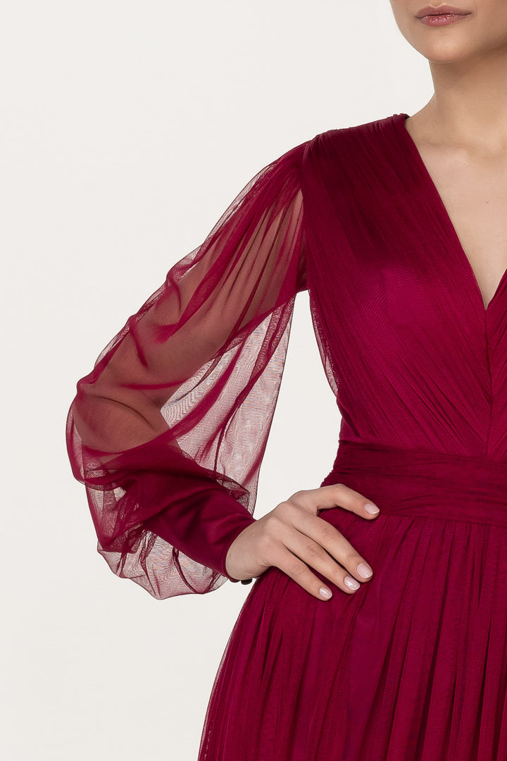 Kaya Silk Tulle Midi Dress In Burgundy