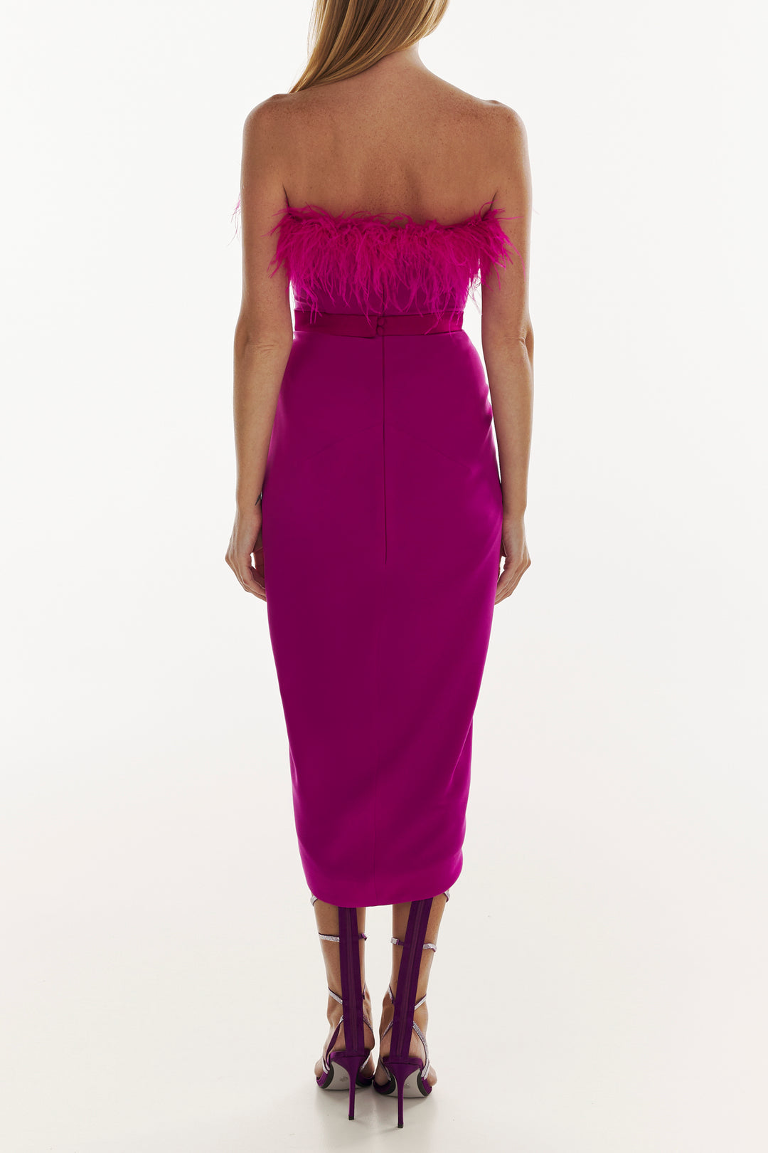 Raisa Hot Pink Feather Trimmed Midi Crepe Dress