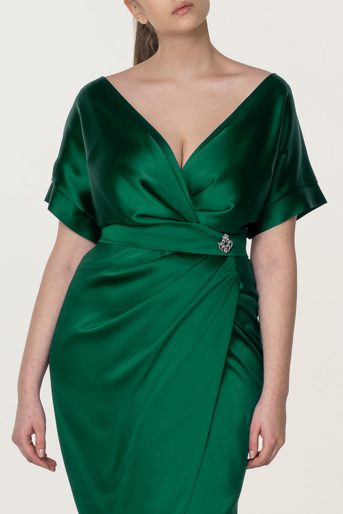 Jaya Satin Midi Dress in Emerald
