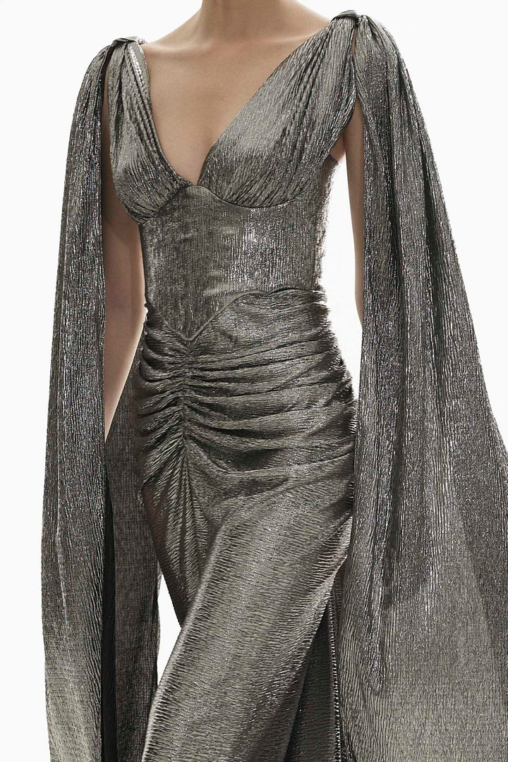Sari Metallic Light Crepe Cape Dress In Platinium