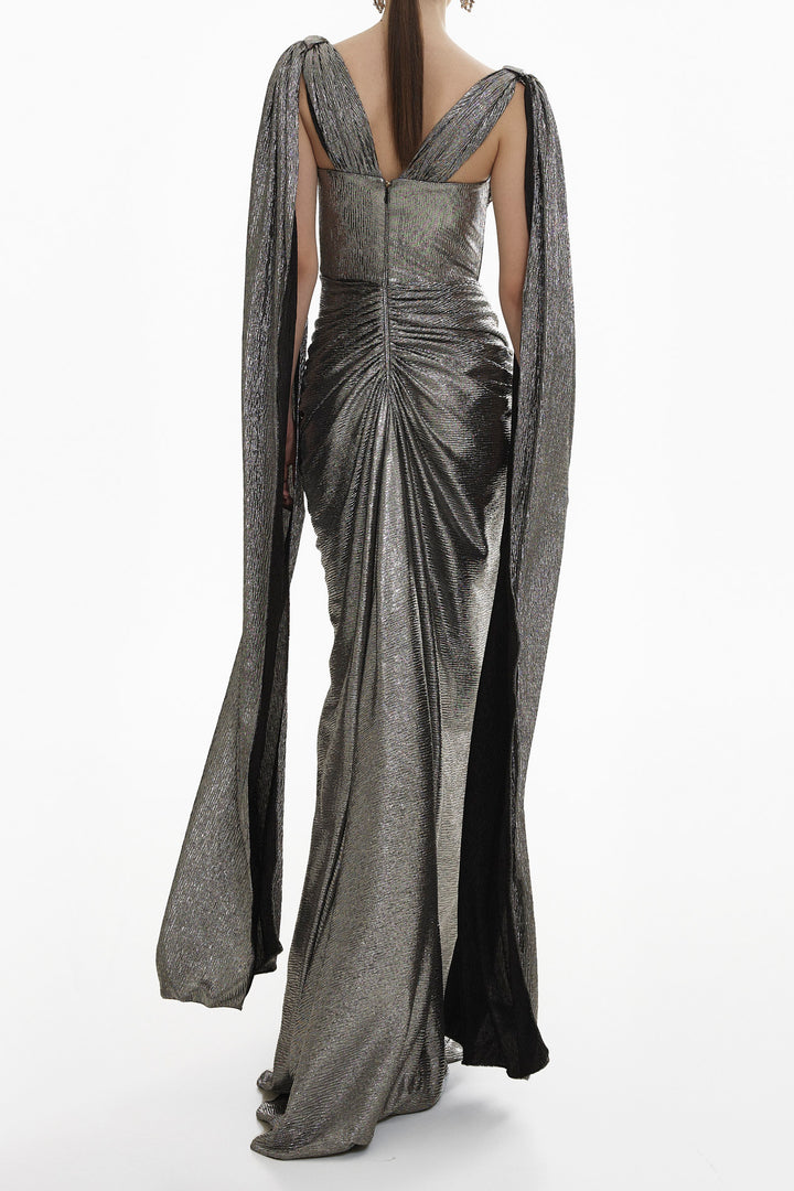 Sari Metallic Light Crepe Cape Dress In Platinium