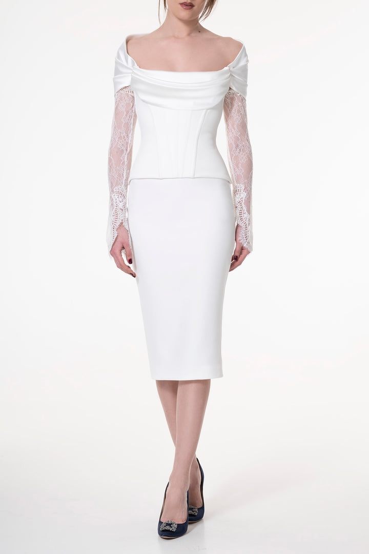 Conical Midi Ivory Crepe Skirt