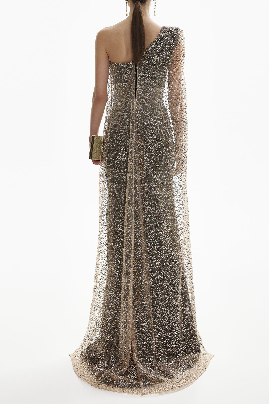 Rani One Shoulder Embroidered Cape Gown In Black Rose-Gold