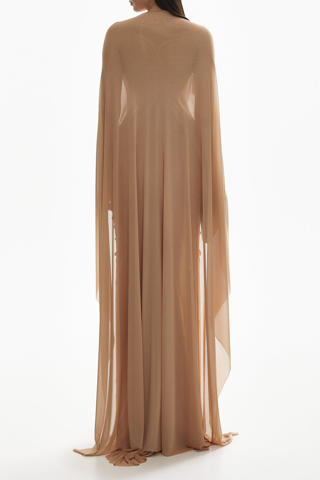 Mera Mesh Tulle Cape Gown In Skin
