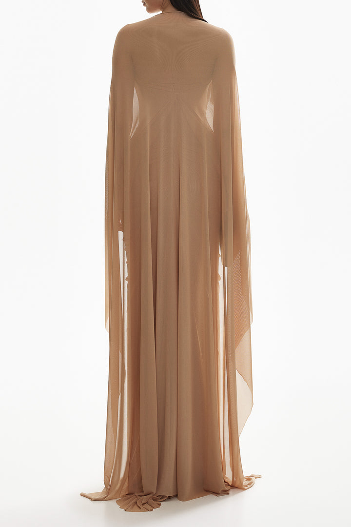 Mera Mesh Tulle Cape Gown In Skin