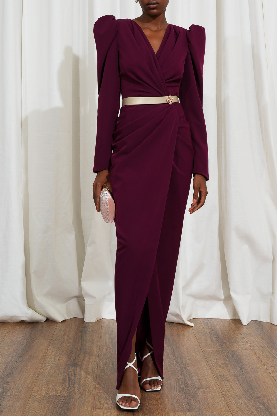 Chloe Long Crepe Dress In Burgundy