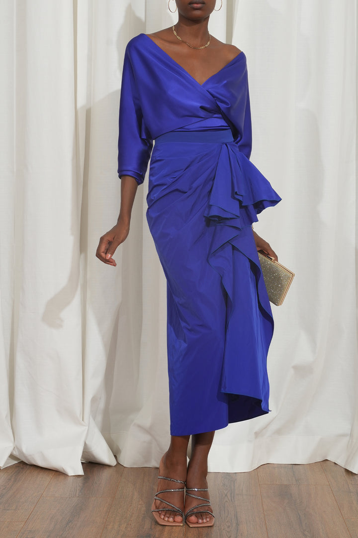 Allure Taffeta Midi Skirt In Royal-Blue