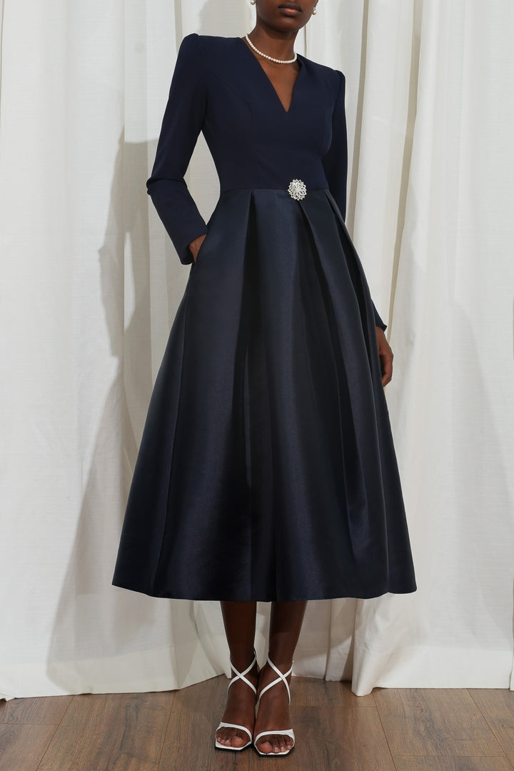 Ivy Midnight Blue Crepe And Mikado Cocktail Dress