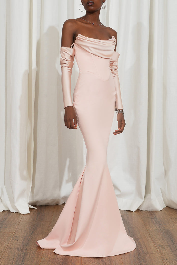 Raven Crepe Long Dress In Soft-Peach
