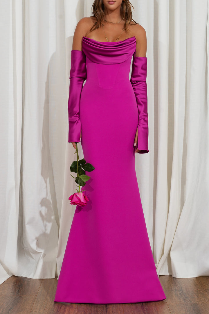 Raven Crepe Long Dress In Magenta