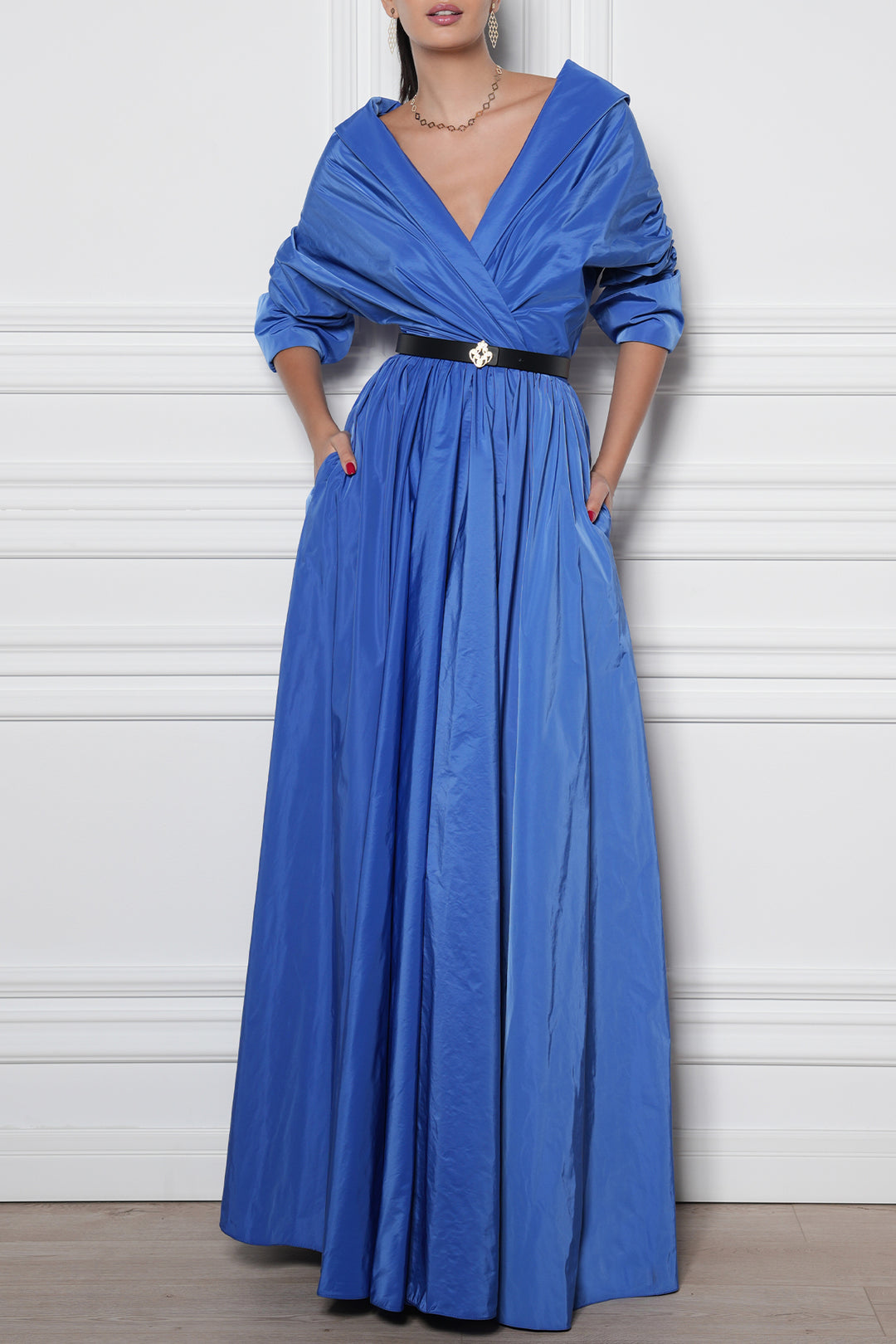 Carrie Taffeta Long Dress In Celeste