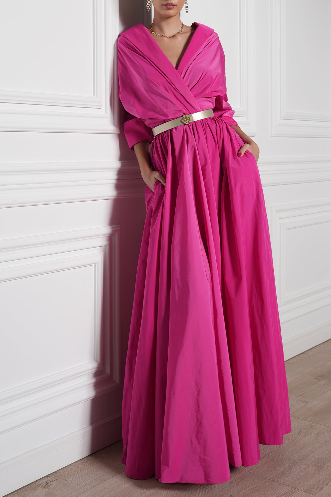Carrie Taffeta Long Dress In Fuchsia