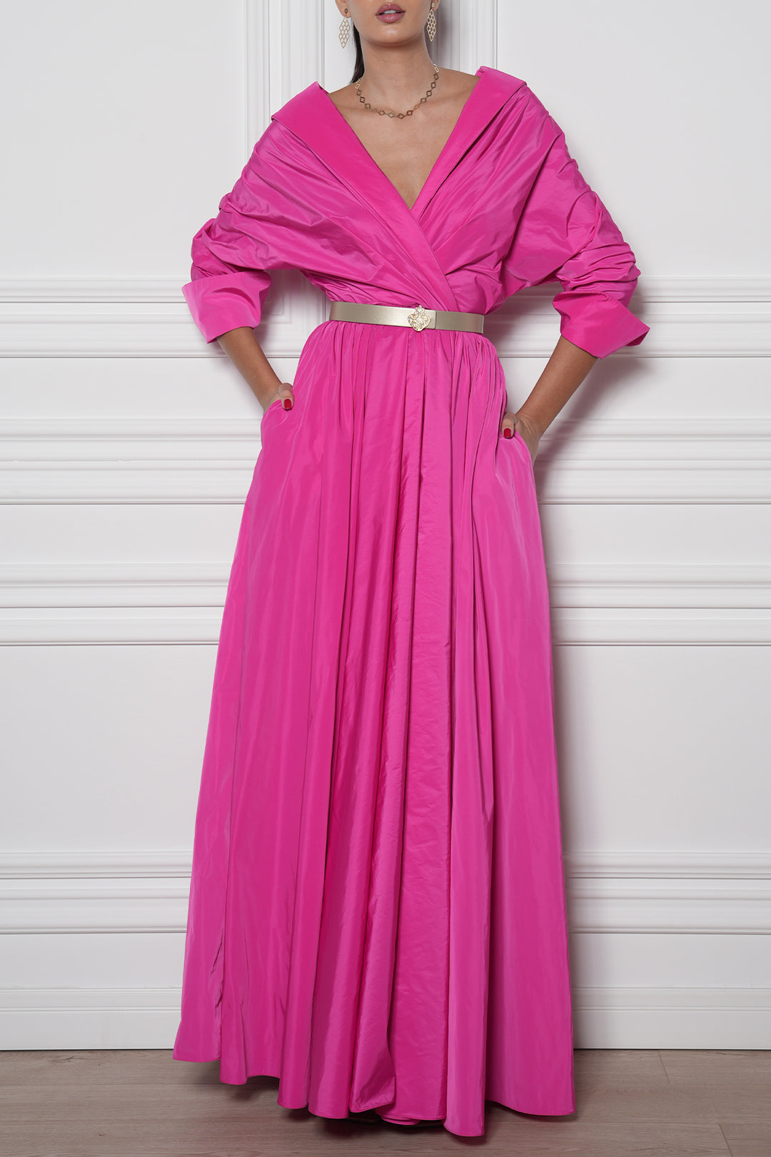 Carrie Taffeta Long Dress In Fuchsia