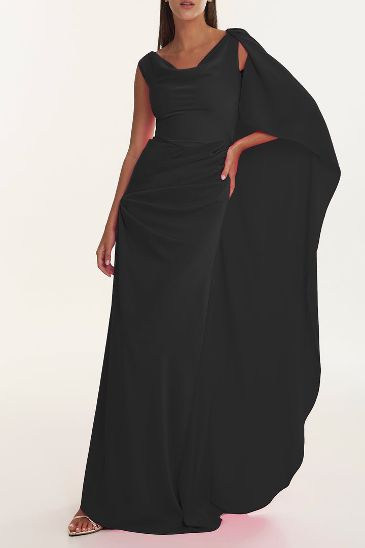 Cora Black Caped Asymmetrical Satin Crepe Dress