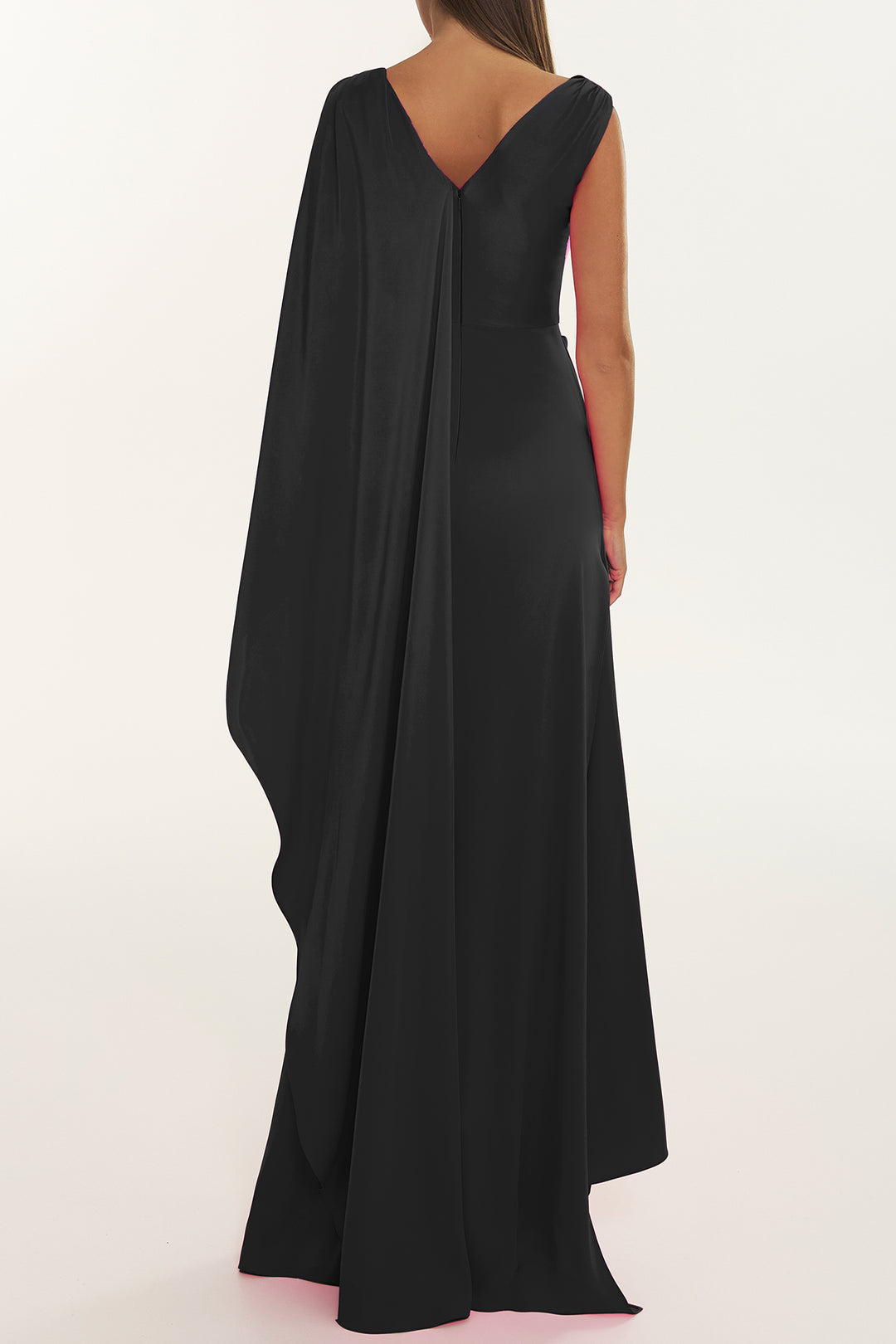 Cora Black Caped Asymmetrical Satin Crepe Dress