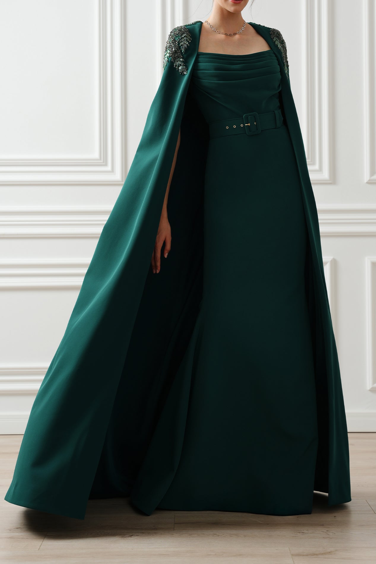 Aesha Cape Dress In Ivy-Green Rhea Costa Aesha Cape Dress In Ivy-Green Rhea Costa