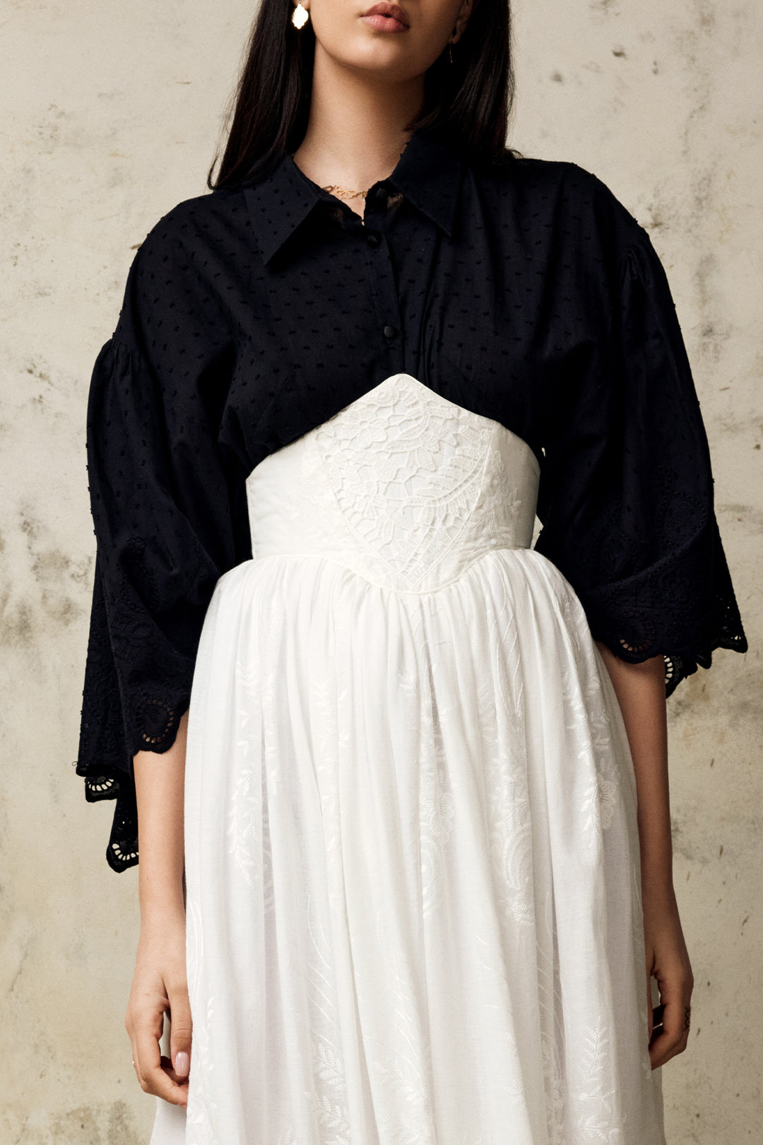 Polka Embroidered Cotton Shirt in Black