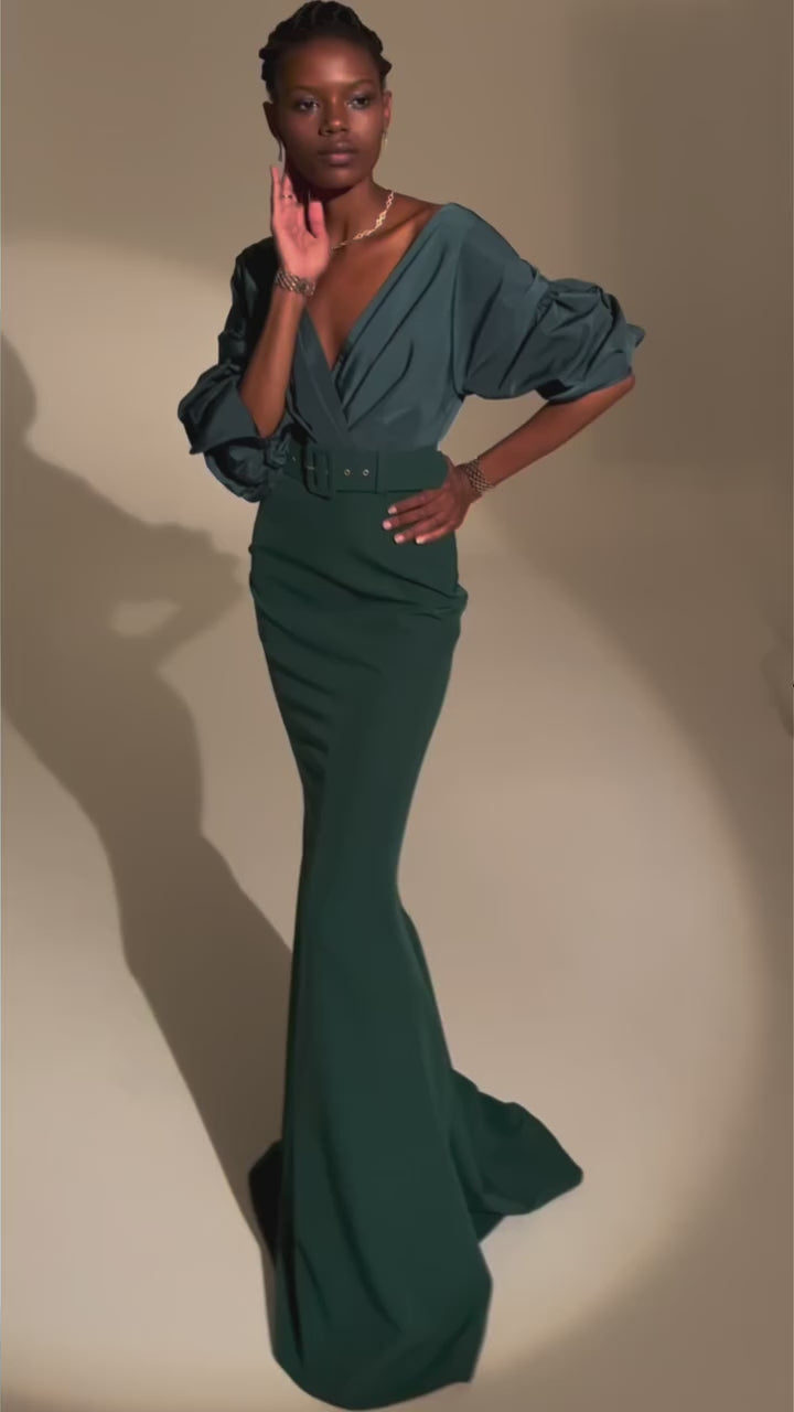 Gianna Dark Green Taffeta And Crepe Long Dress