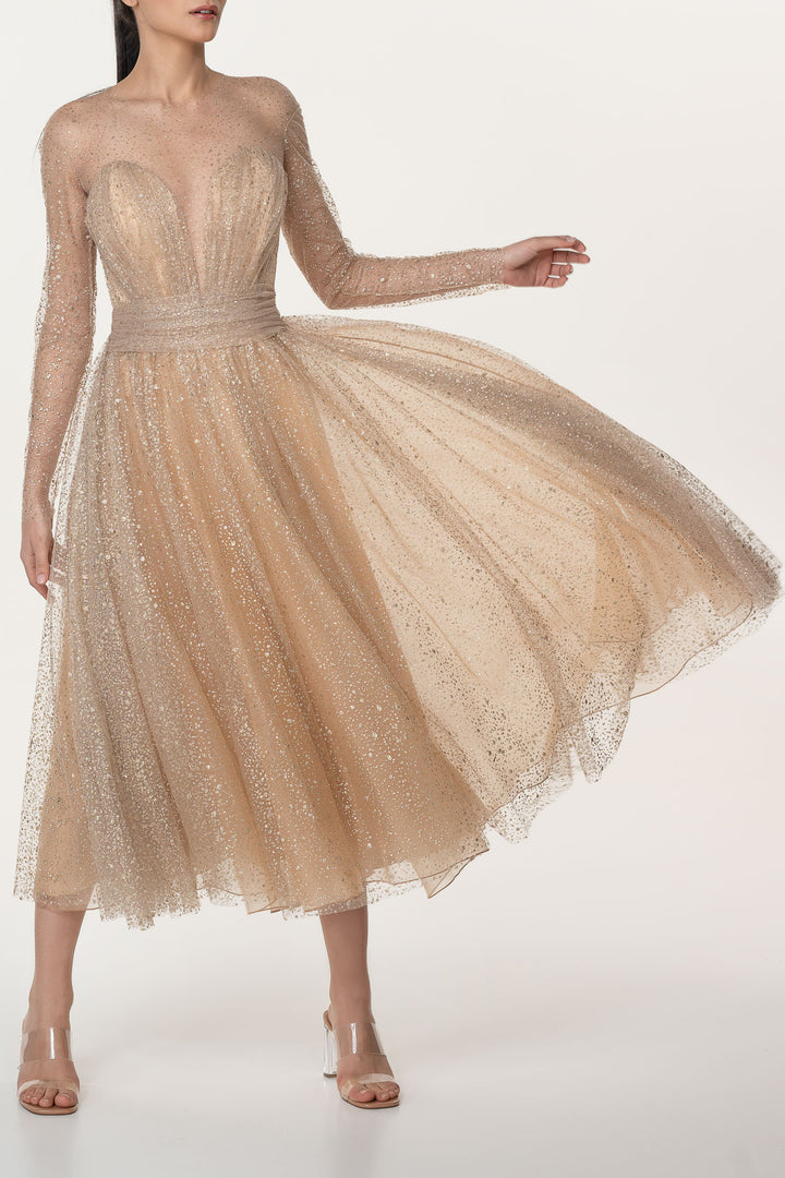 Chrysa Gold Glitter Tulle Bodice Gown