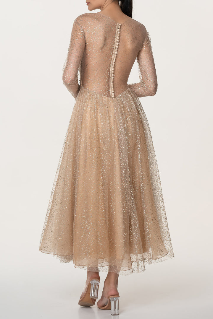 Chrysa Gold Glitter Tulle Bodice Gown