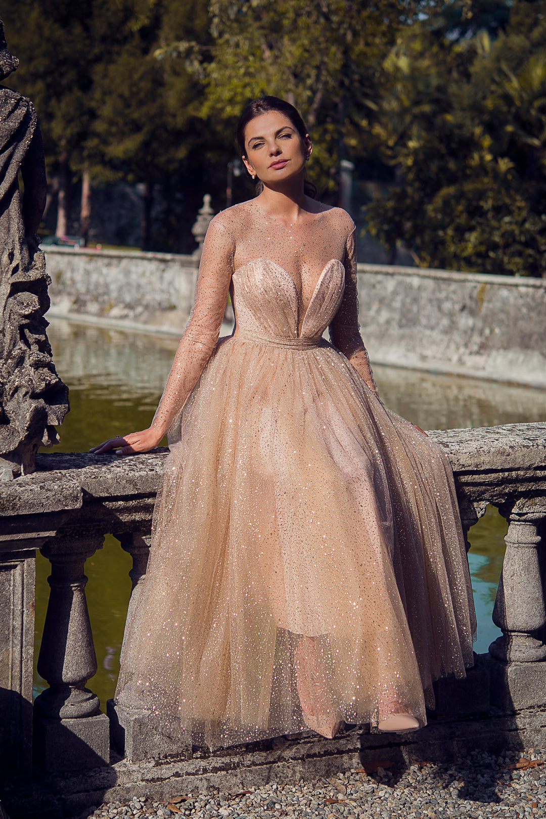 Chrysa Gold Glitter Tulle Bodice Gown