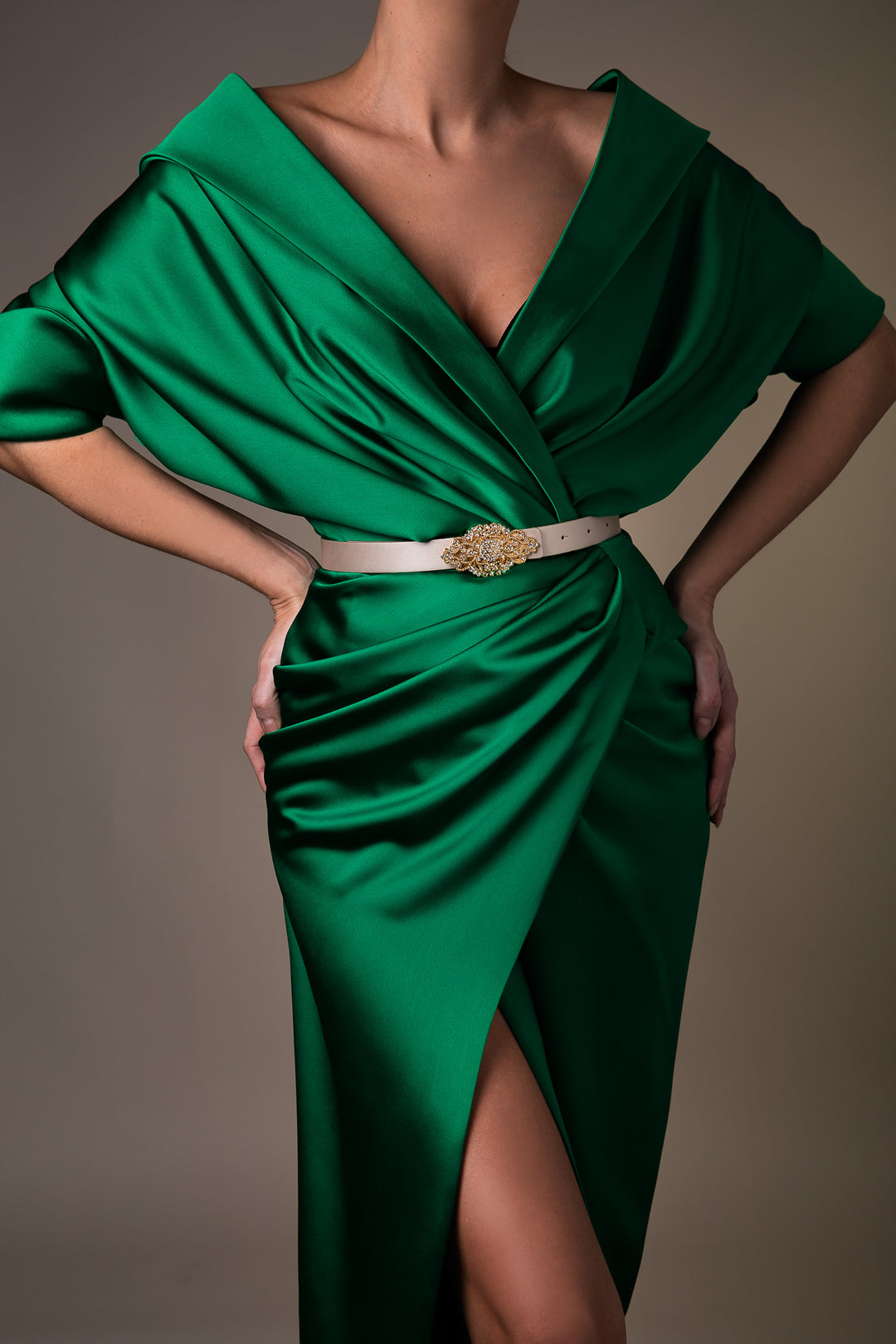 Angelina Midi Emerald Satin Dress