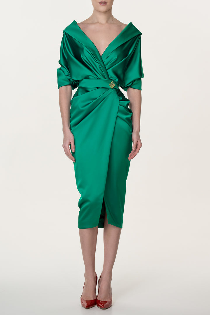 Angelina Midi Emerald Satin Dress