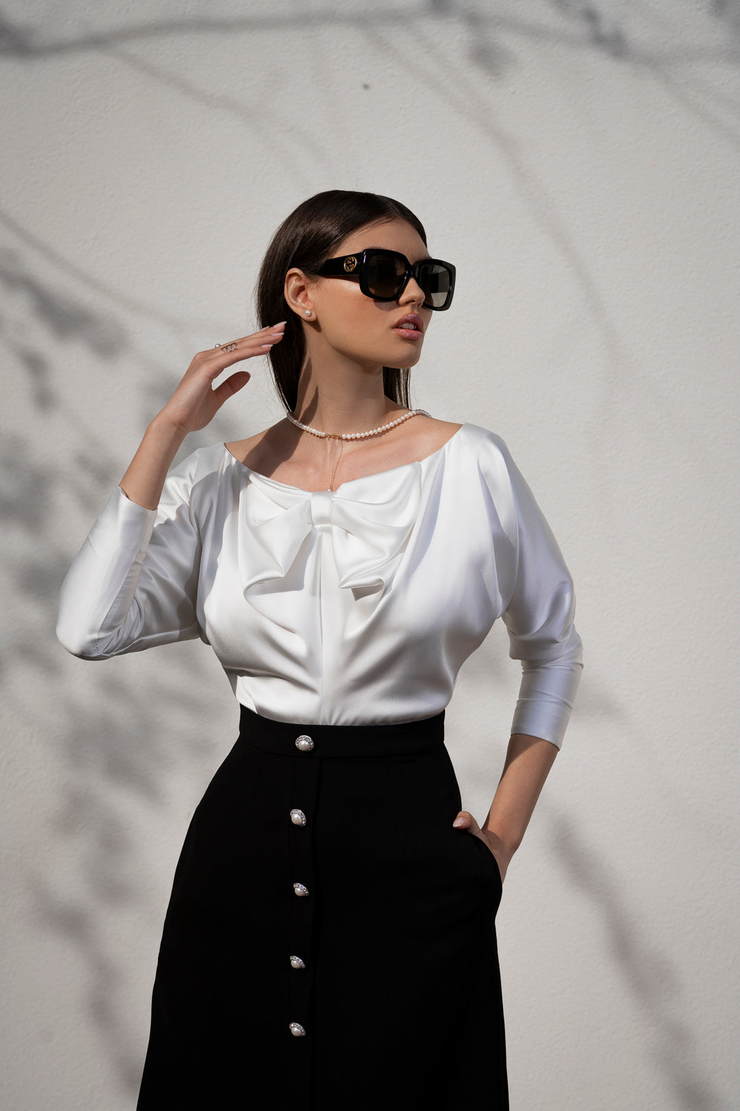 Bow Satin Blouse In Ivory