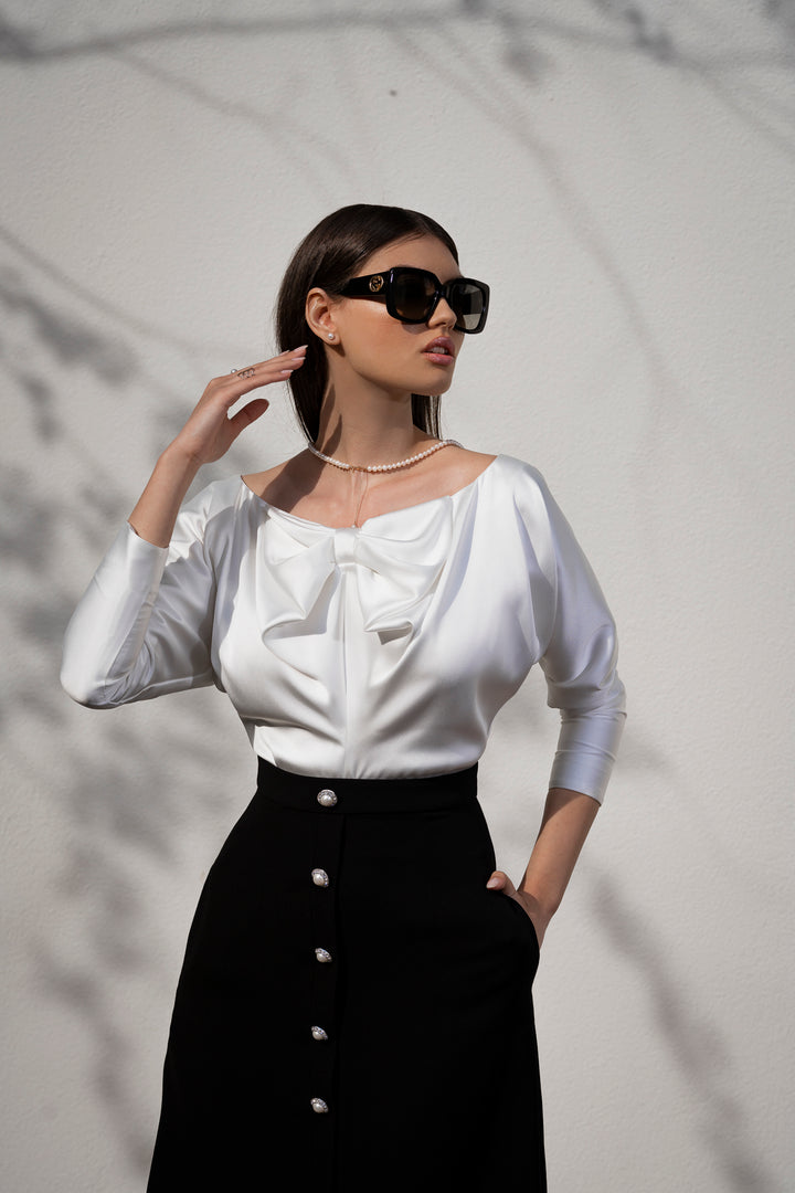 Bow Satin Blouse In Ivory