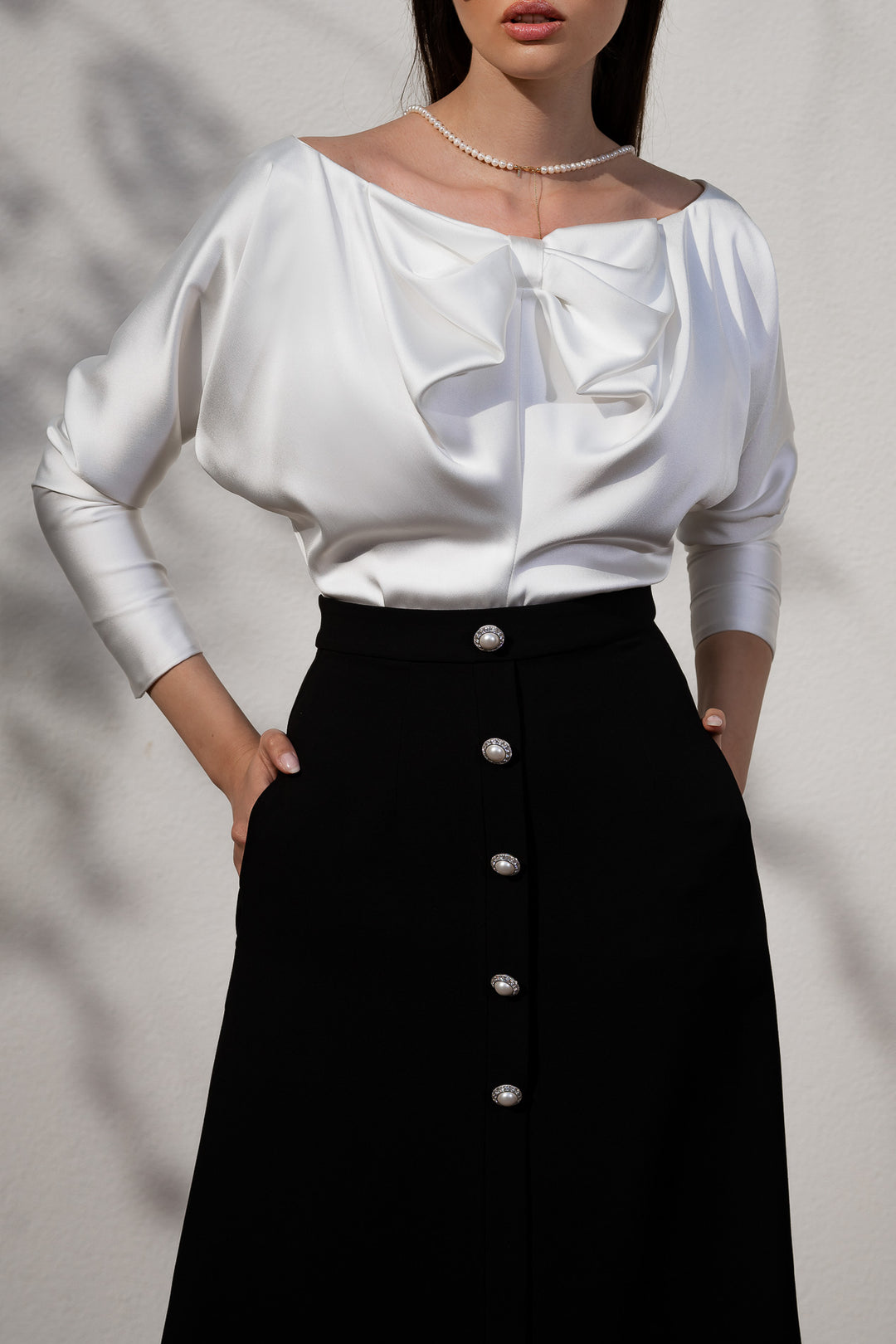 Bow Satin Blouse In Ivory