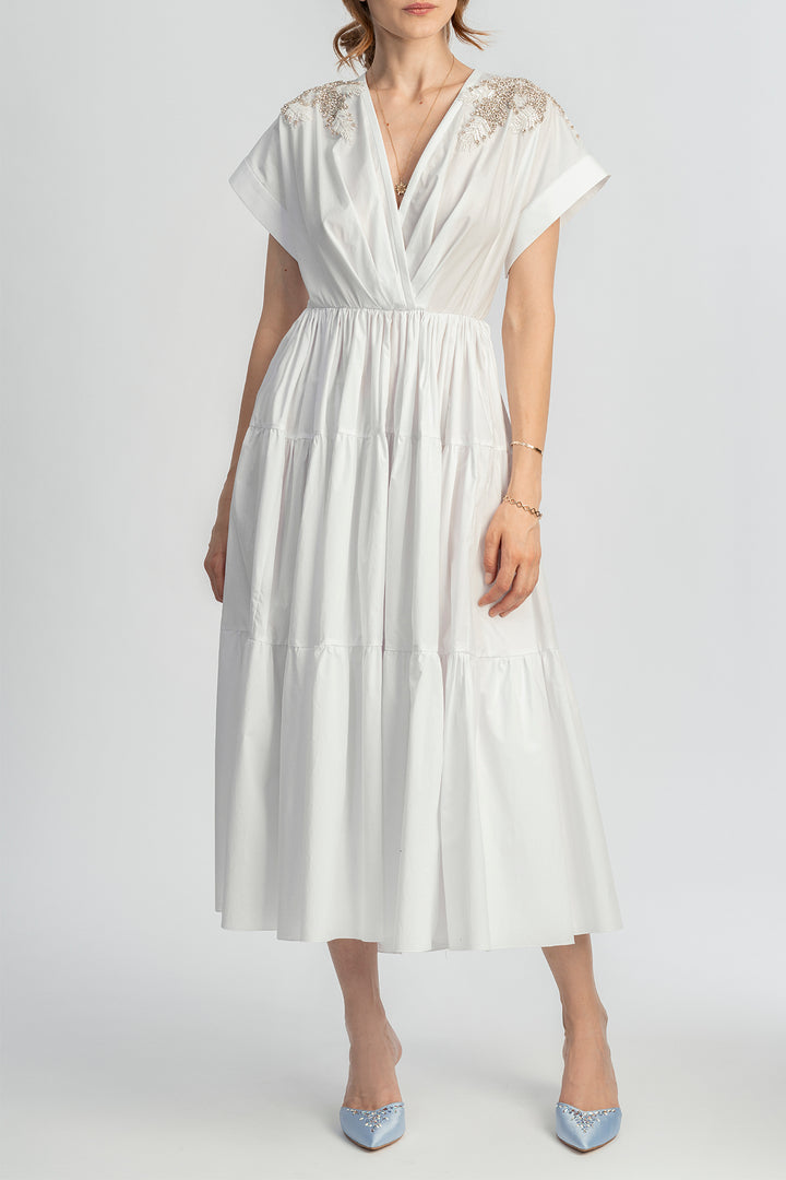 Joy Ivory Silver Open Back Embroidered Cotton Dress