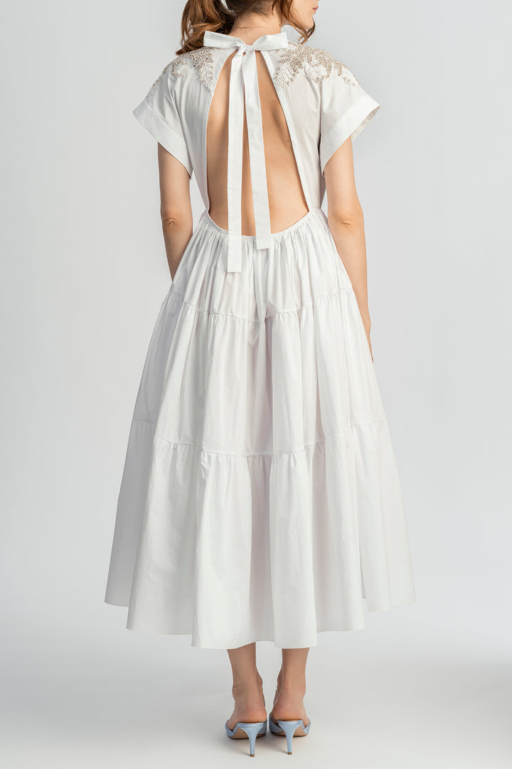 Joy Ivory Silver Open Back Embroidered Cotton Dress