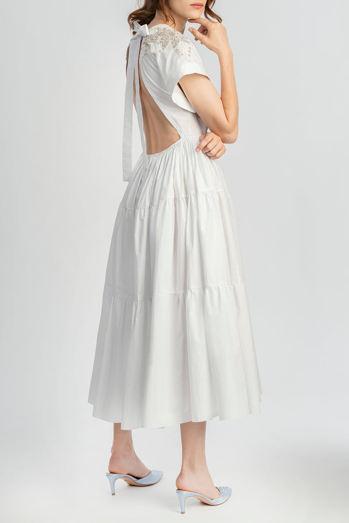 Joy Ivory Silver Open Back Embroidered Cotton Dress