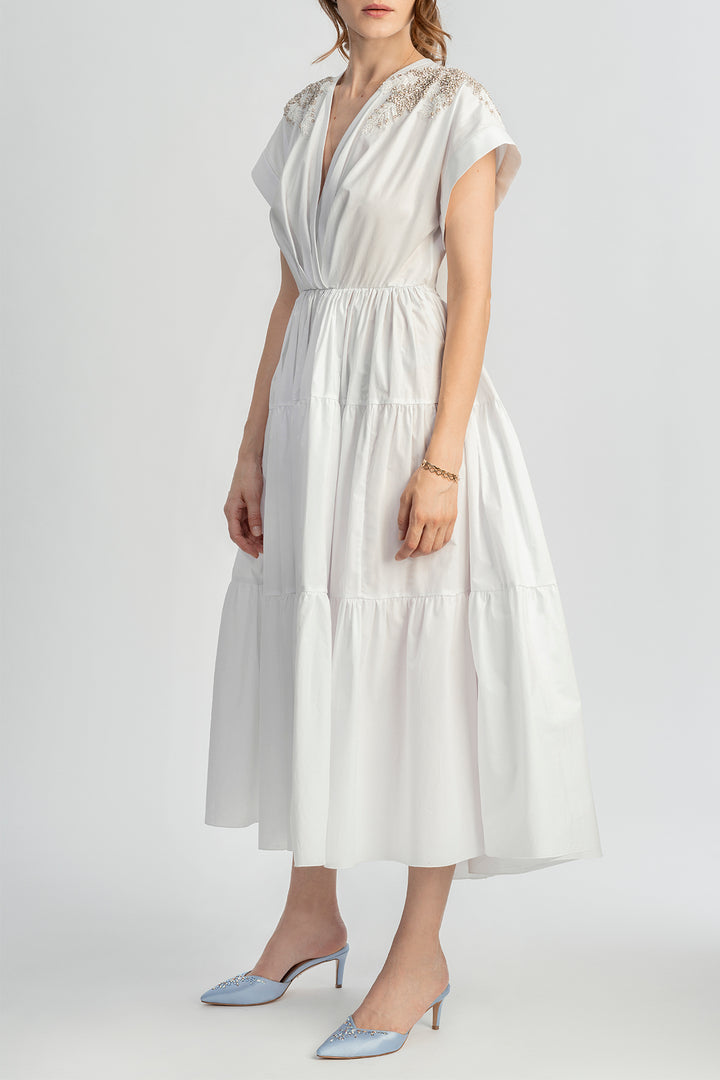 Joy Ivory Silver Open Back Embroidered Cotton Dress