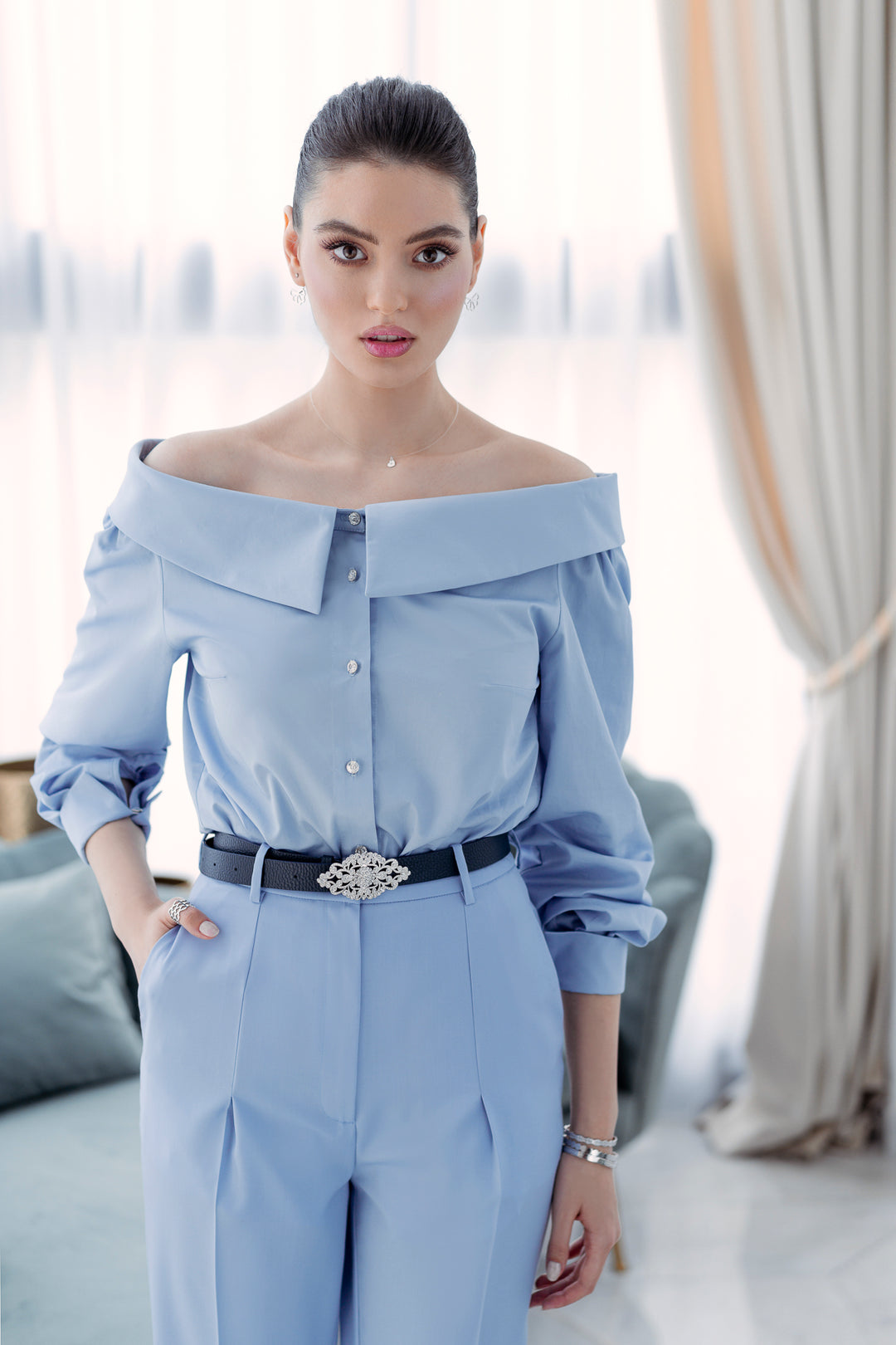 Classic Conic Wool Pants in Sky Blue