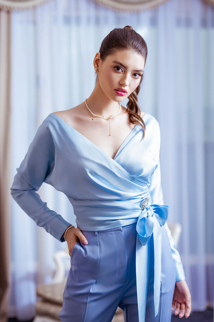 Michelle Satin Top In Light-Blue