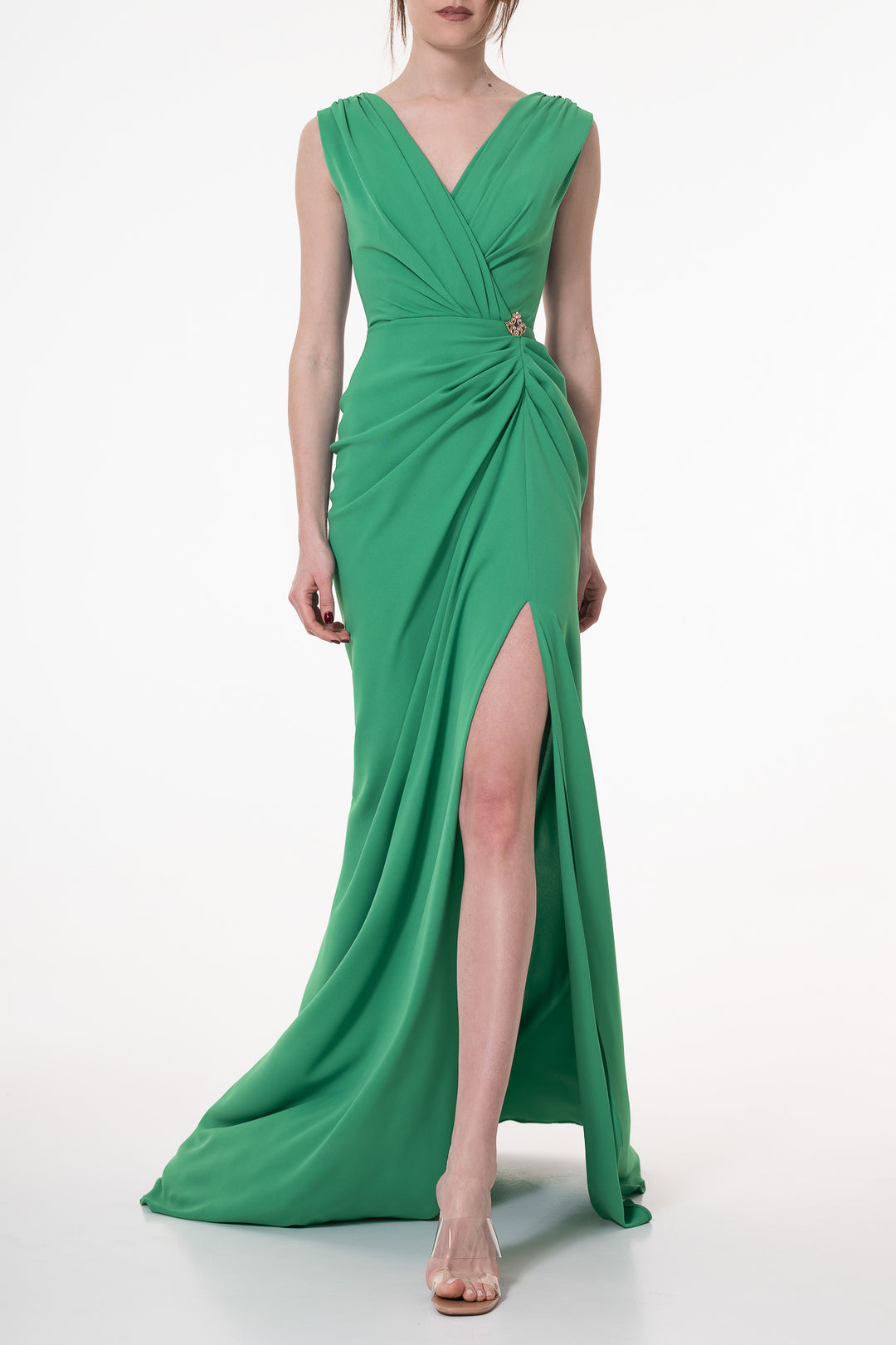 Saara Crepe Long Dress In Raw-Green