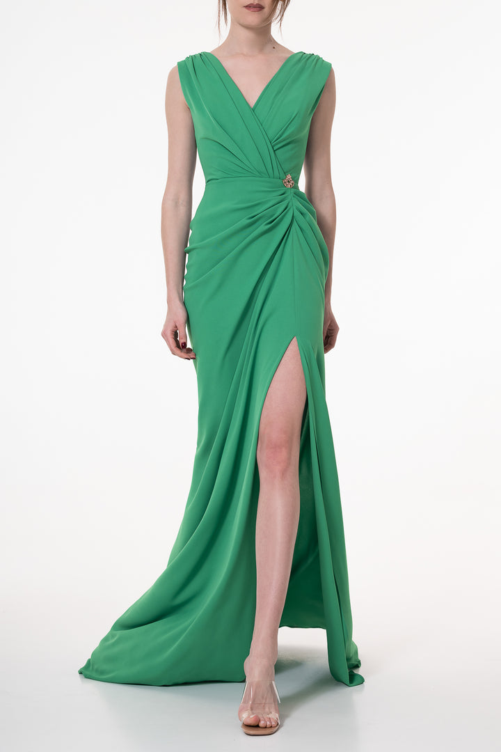 Saara Crepe Long Dress In Raw-Green