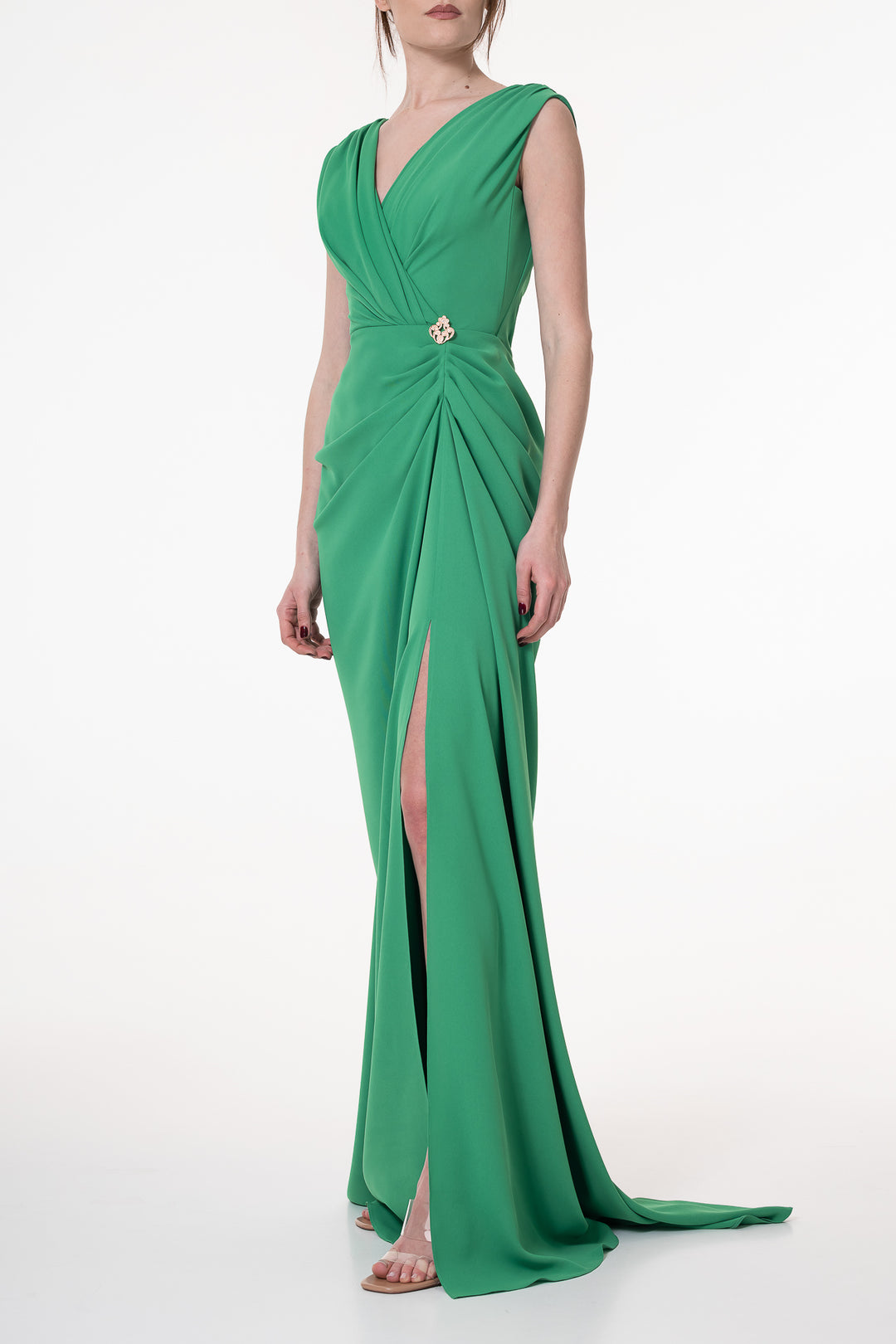 Saara Crepe Long Dress In Raw-Green